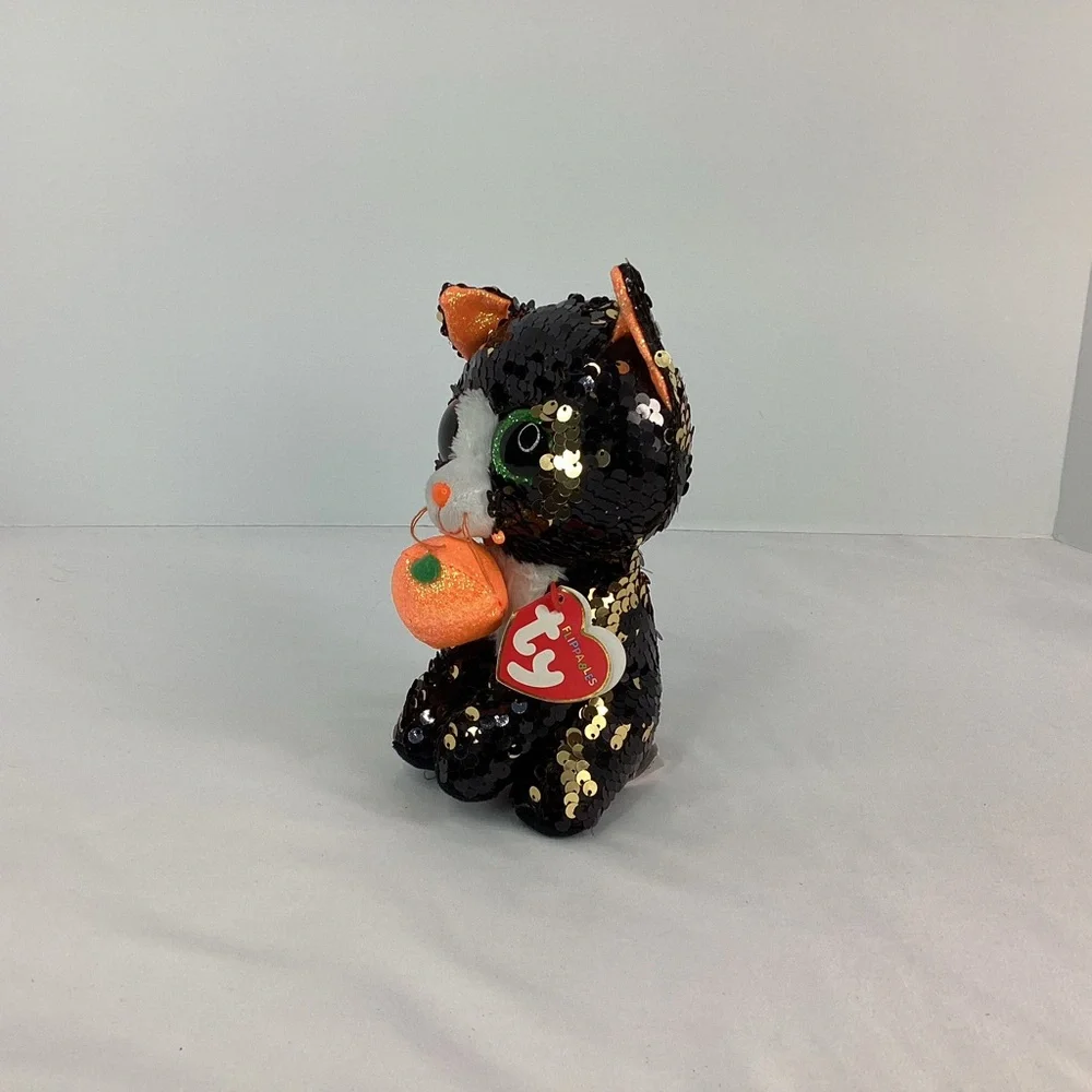 Ty Flippables Plush Jinx Black Cat Pumpkin 6” Halloween Sequins Stuffed Animal - Picture 4 of 11